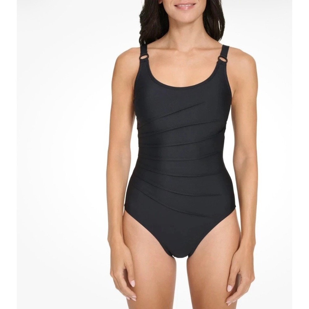 DKNY Womens Black Pleated One Piece Swimsuit Tummy Compression NWT Size L